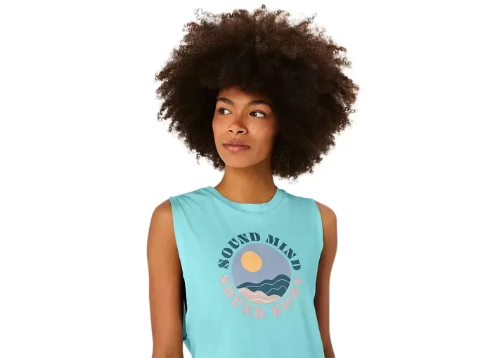 DAME ASICS SUN IN THE SKY SLOGAN MUSCLE T-SHIRT