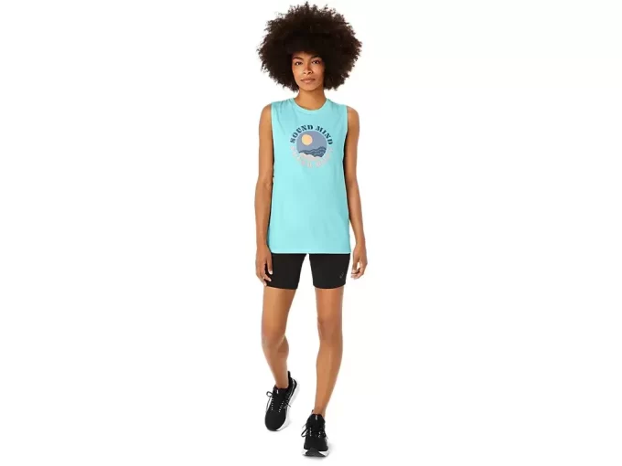 DAME ASICS SUN IN THE SKY SLOGAN MUSCLE T-SHIRT